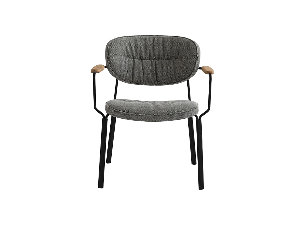 Gray upholstered chair with black legs on a white background
