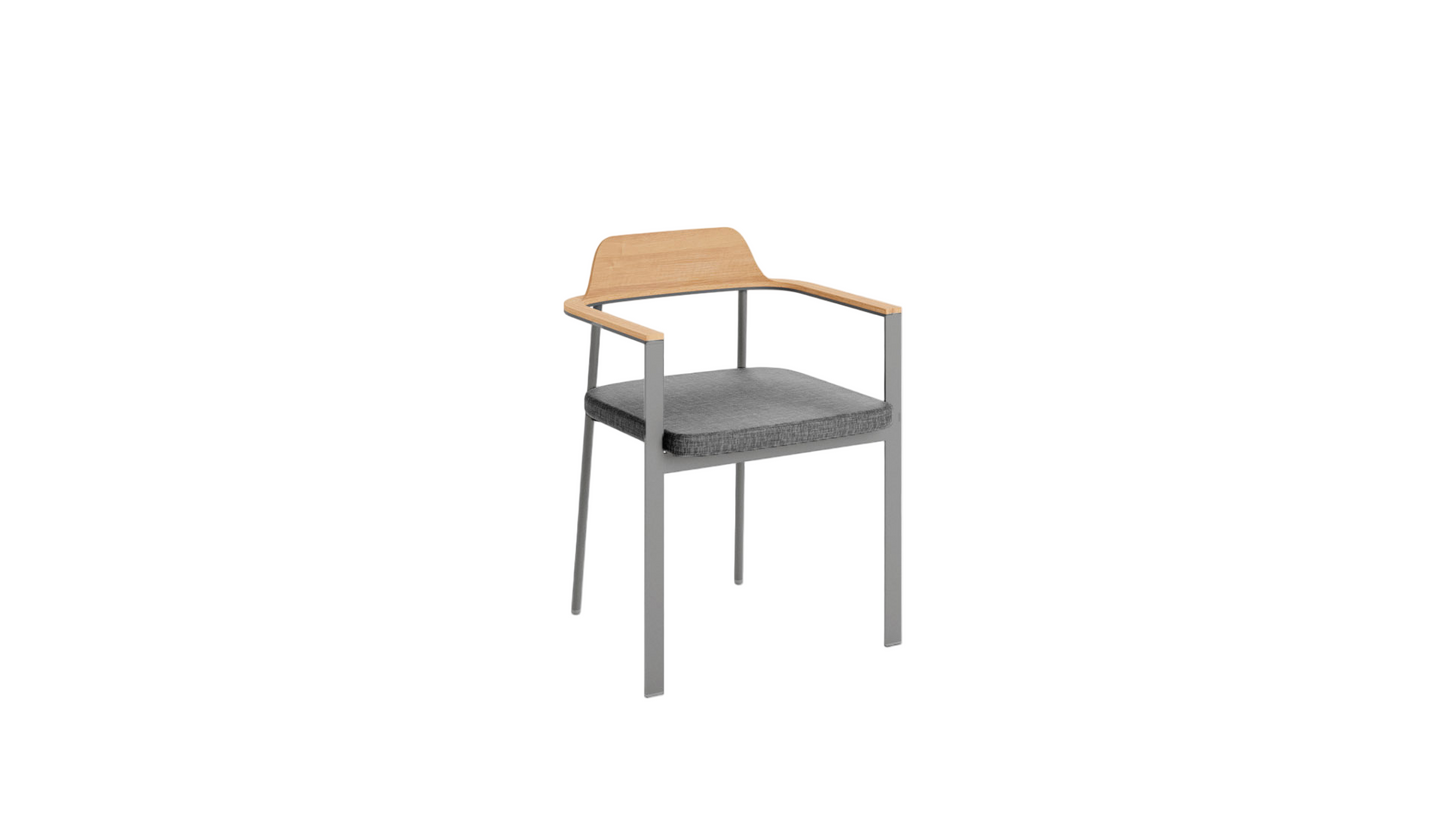 Chair with wooden armrests and gray seat on a white background