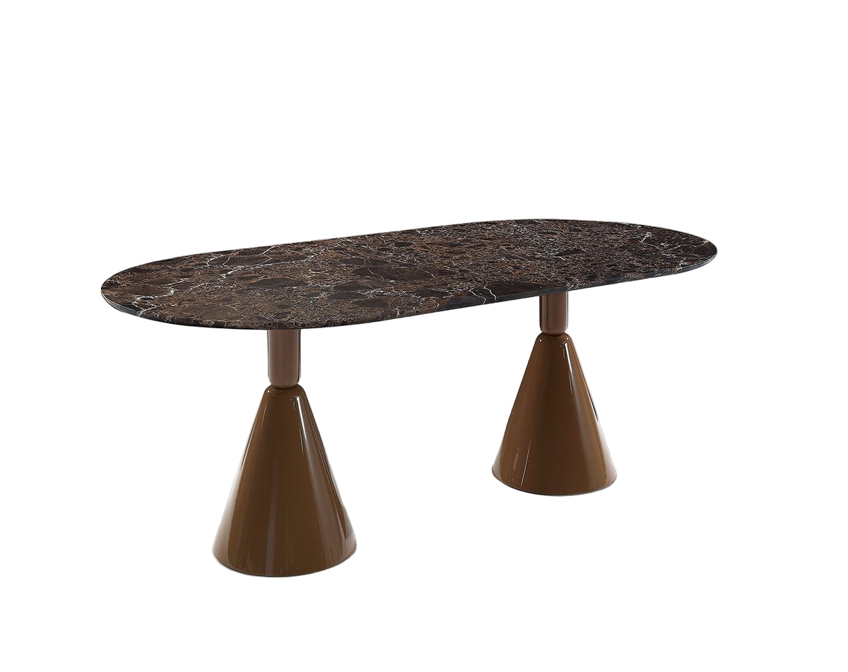 Marble-top dining table with cone-shaped legs on a white background
