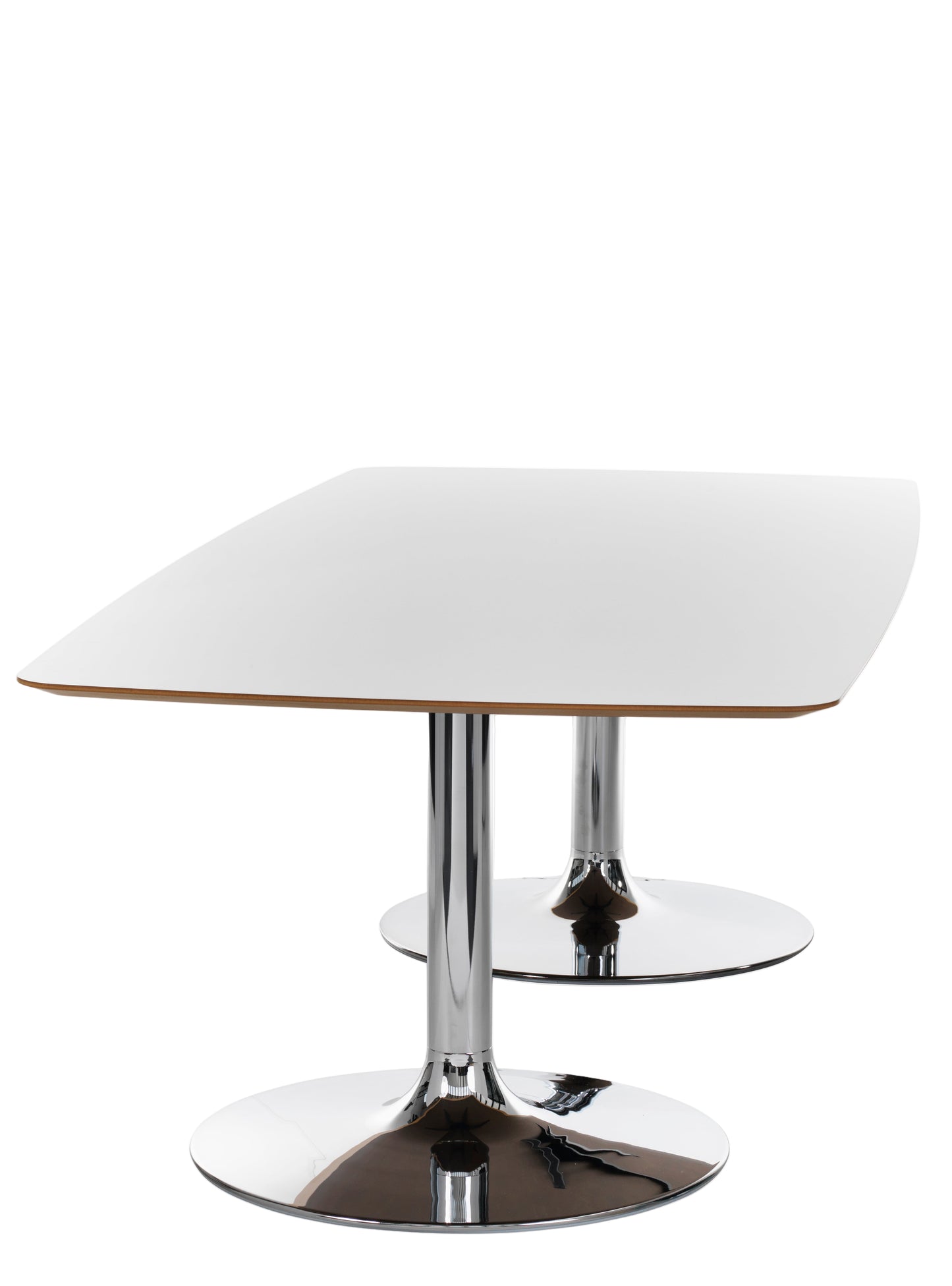 Modern side table with white top and chrome base on a white background