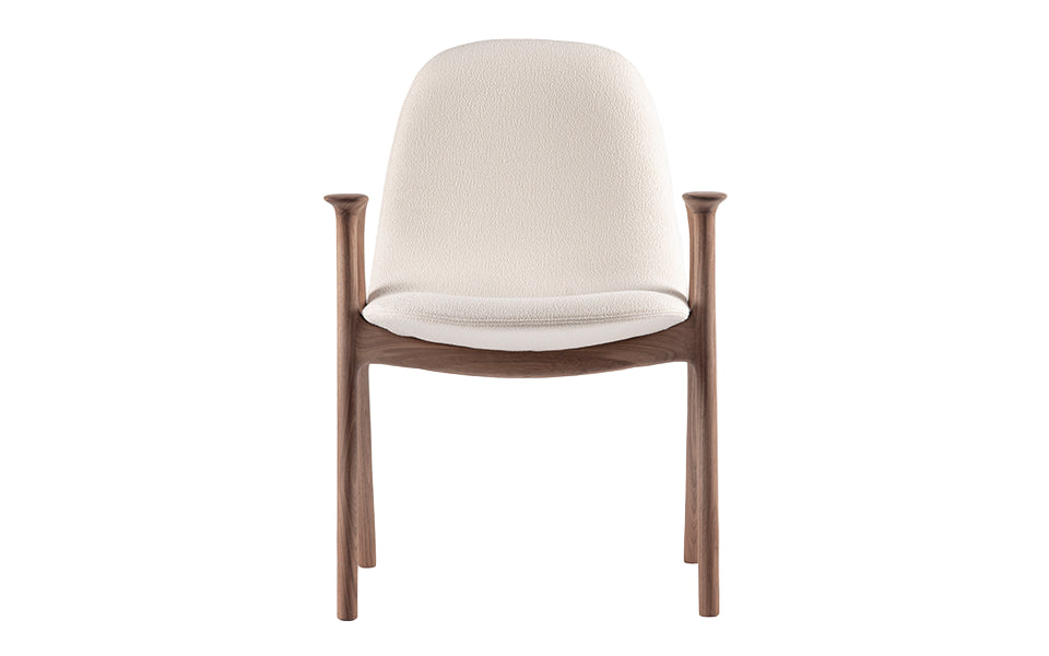 Chair with white cushioned seat and backrest on a white background