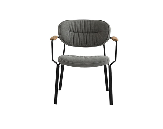 Gray upholstered chair with black legs on a white background
