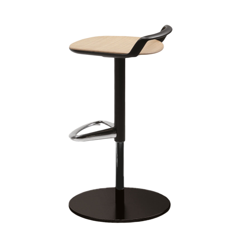 Modern bar stool with black base and wooden seat on a white background