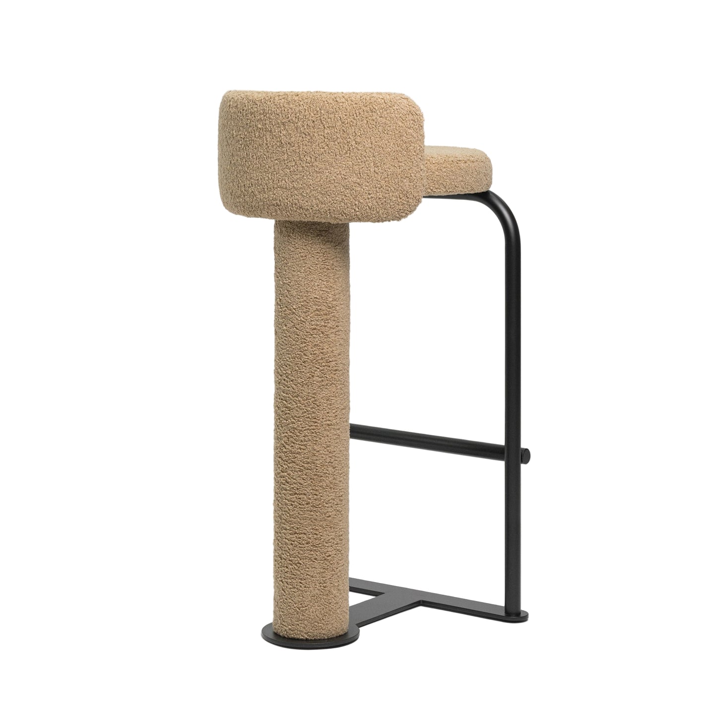 Beige cat tree with black metal stand on a white background