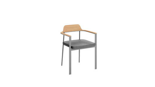 Chair with wooden armrests and gray seat on a white background