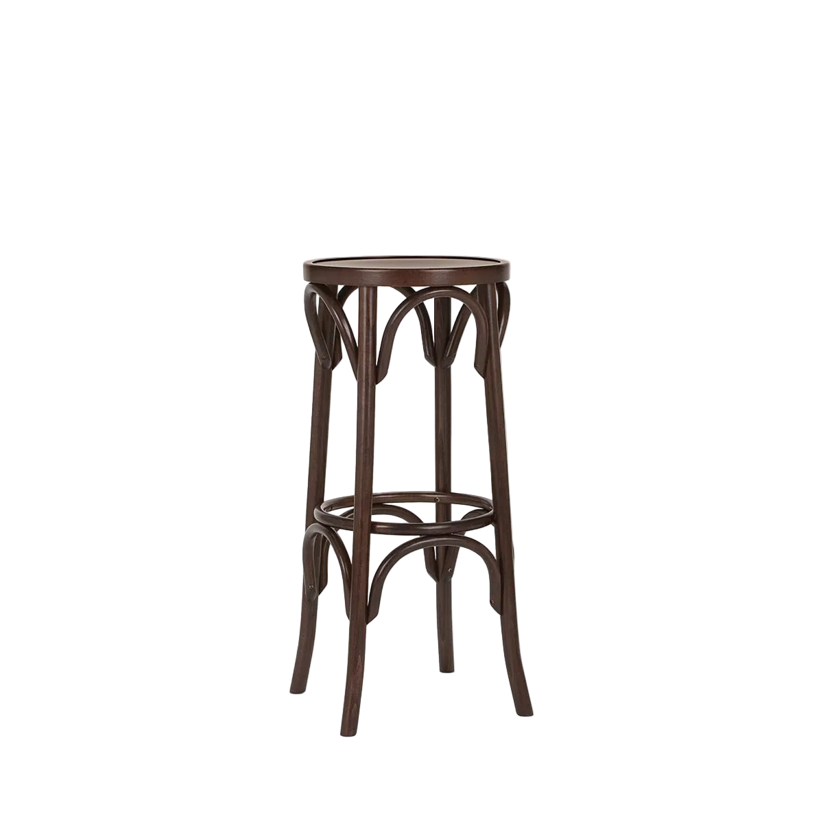 Wooden bar stool with curved legs on a light gray background