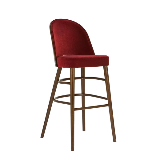 Red bar stool with wooden legs on a white background