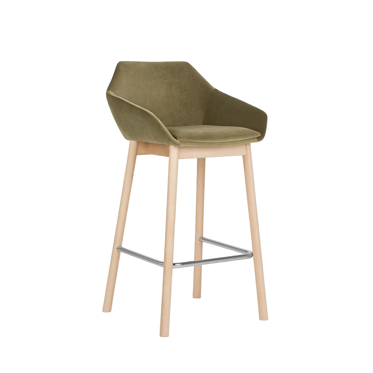 Green bar stool with wooden legs on a white background