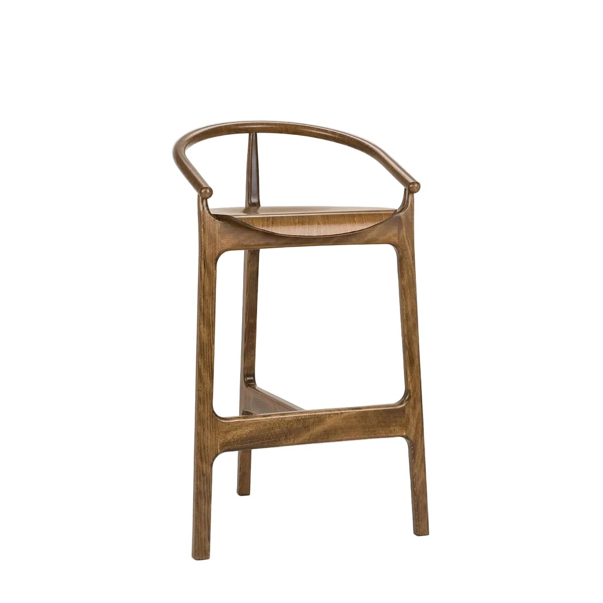 Wooden bar stool with curved backrest on a white background