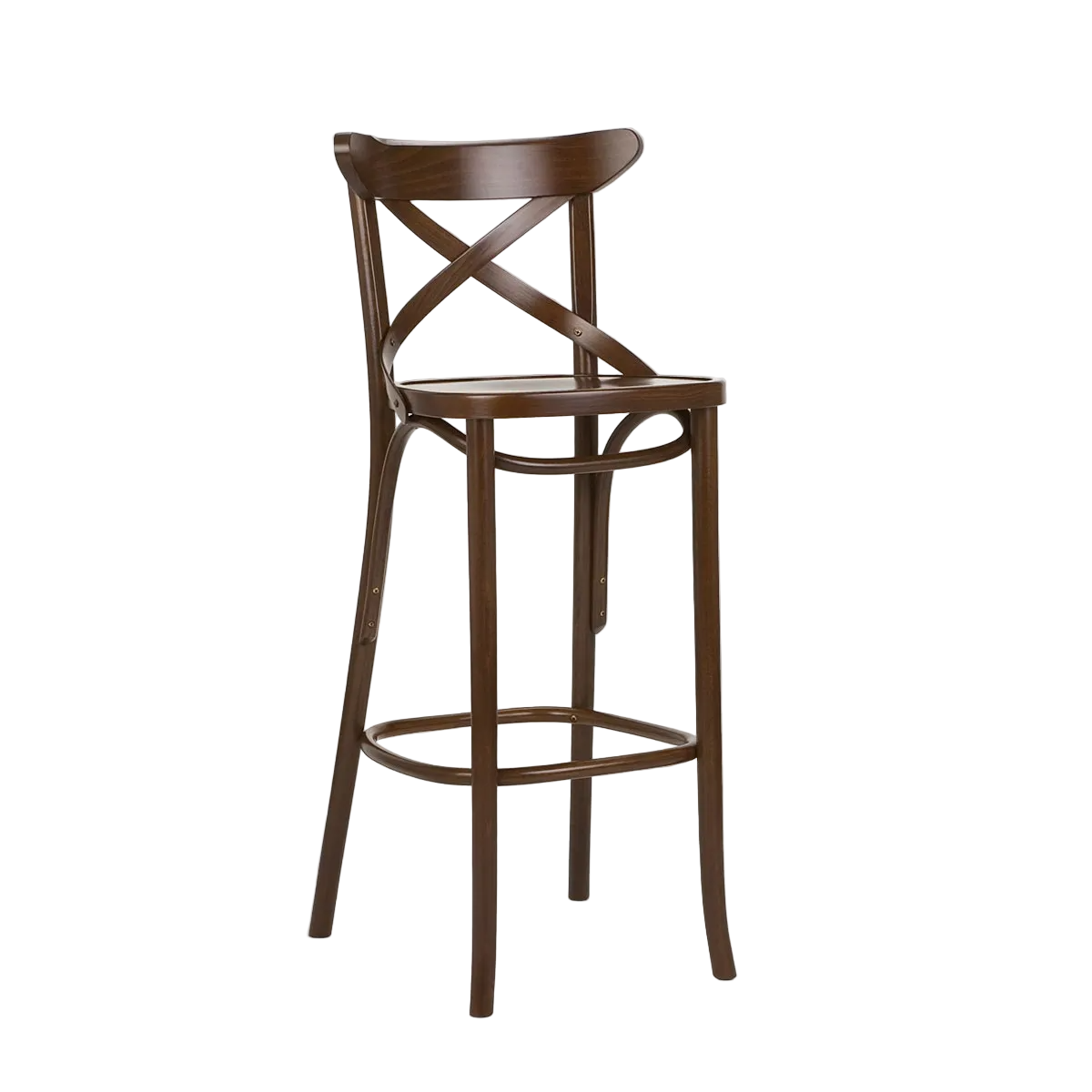 Wooden bar stool with a cross-back design on a white background