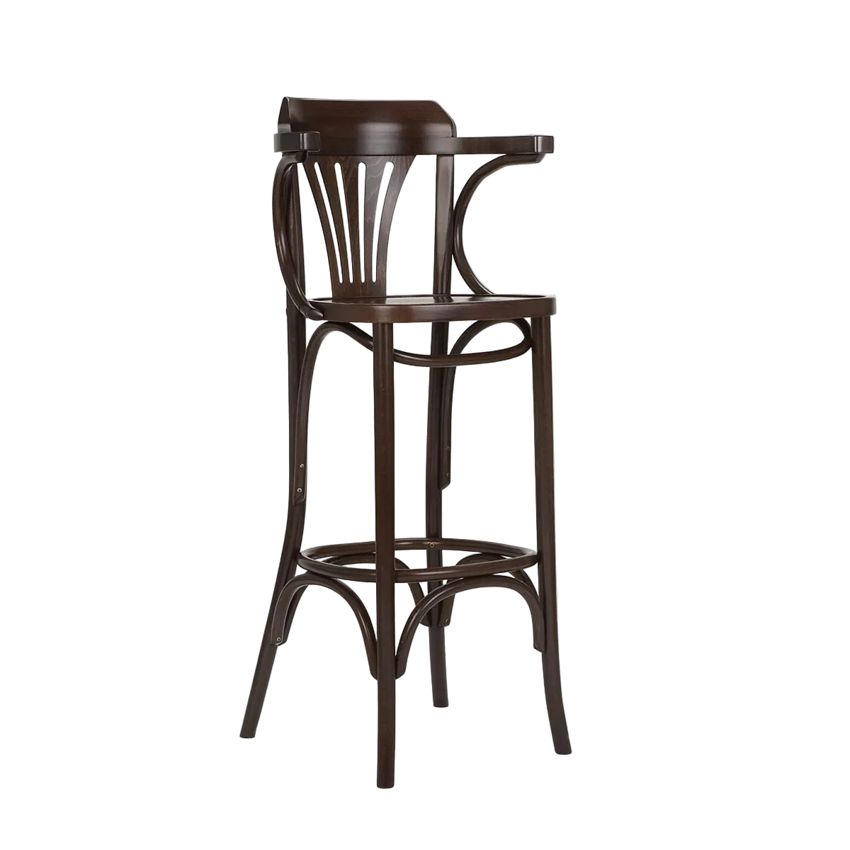 Wooden bar stool with a curved backrest on a white background