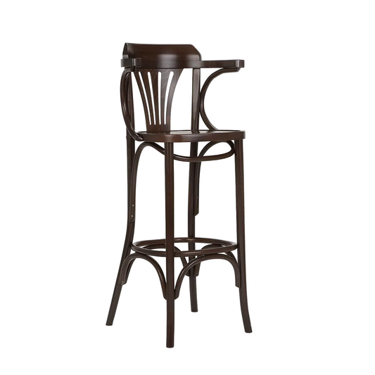 Wooden bar stool with a curved backrest on a white background