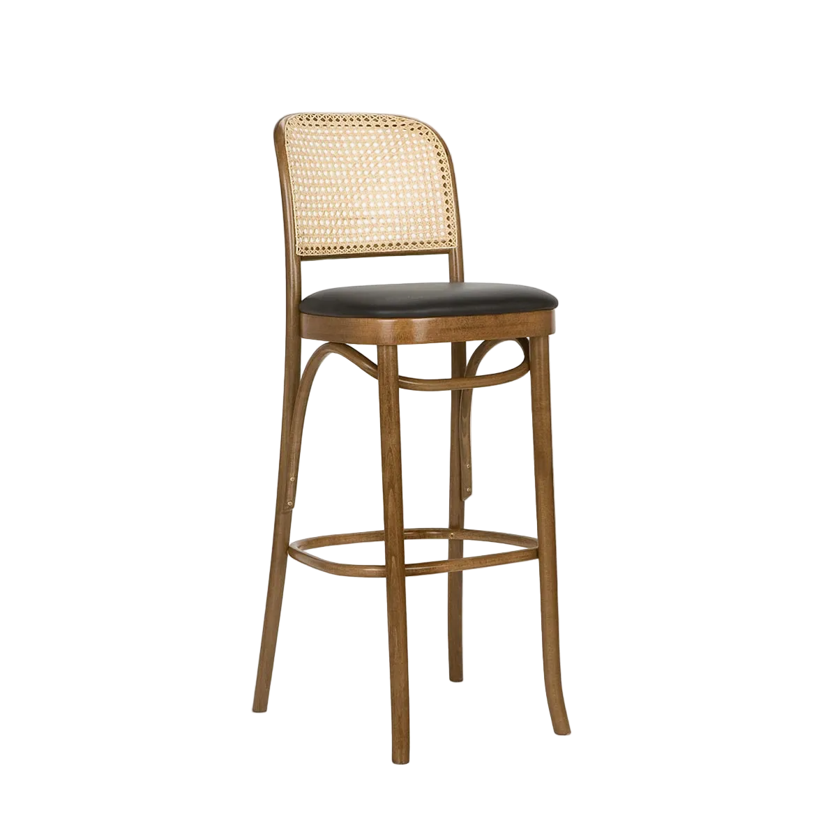 Bar stool with wicker backrest and black seat on a white background
