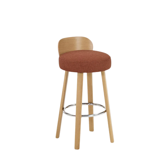 Bar stool with wooden legs and a brown cushioned seat on a white background