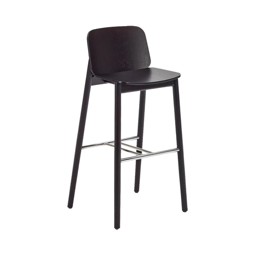Black bar stool with a minimalist design on a white background