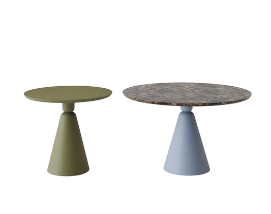 Two round tables with cone-shaped legs on a white background