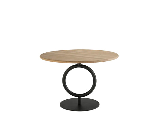 Round wooden table with a black circular base on a white background