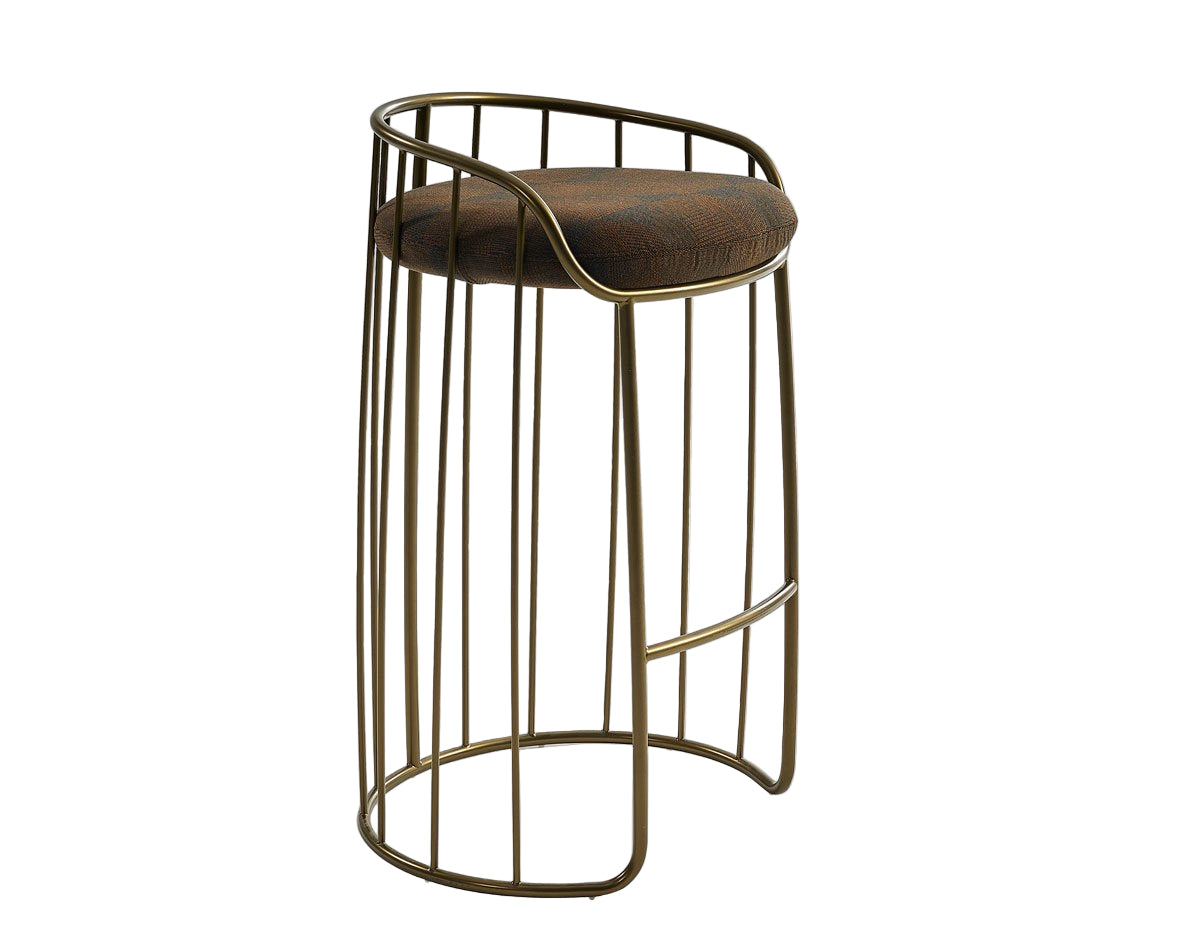 Bar stool with brown cushioned seat and gold metal frame on a white background