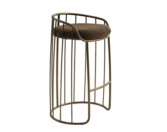 Bar stool with brown cushioned seat and gold metal frame on a white background