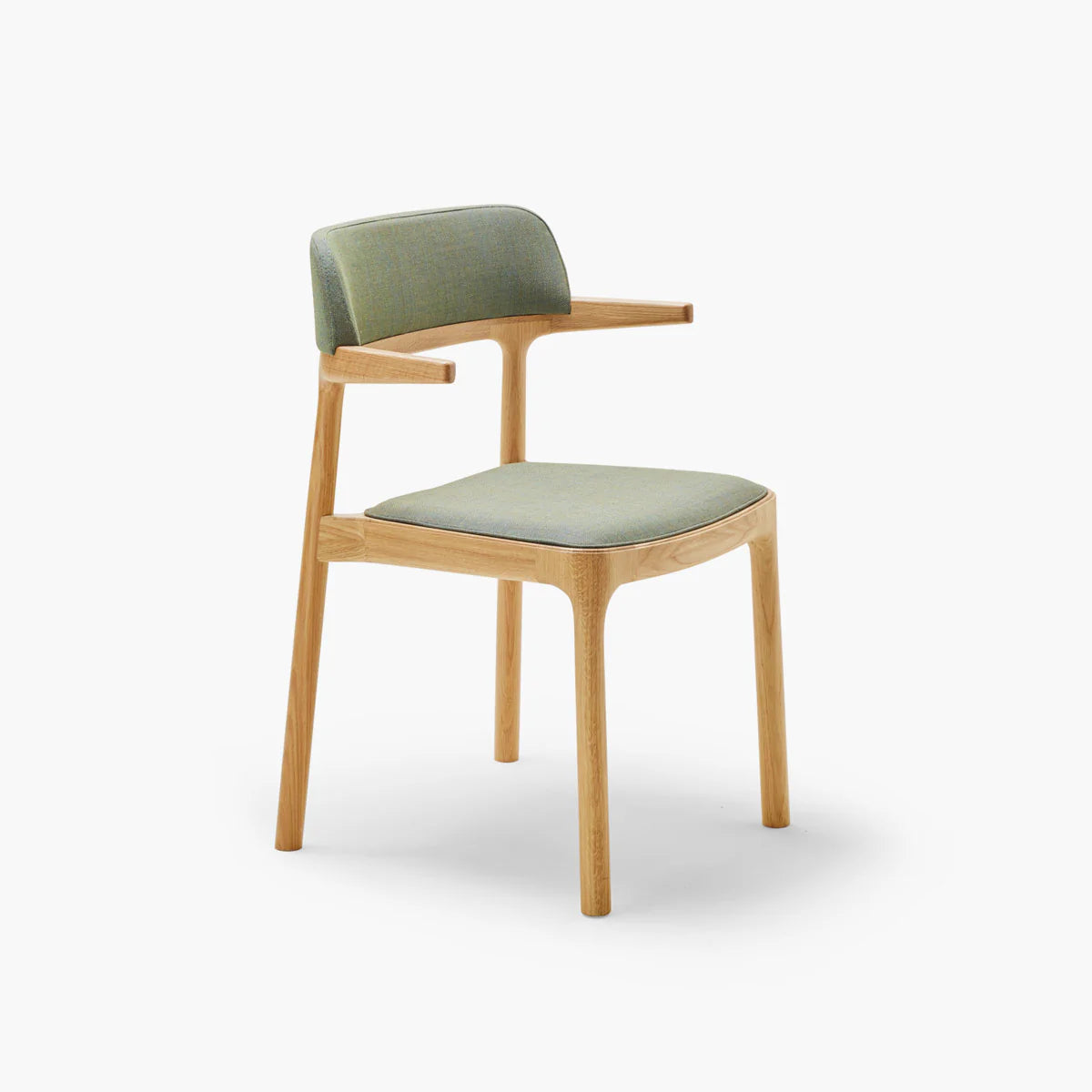Chair with green cushioned seat and backrest on a white background