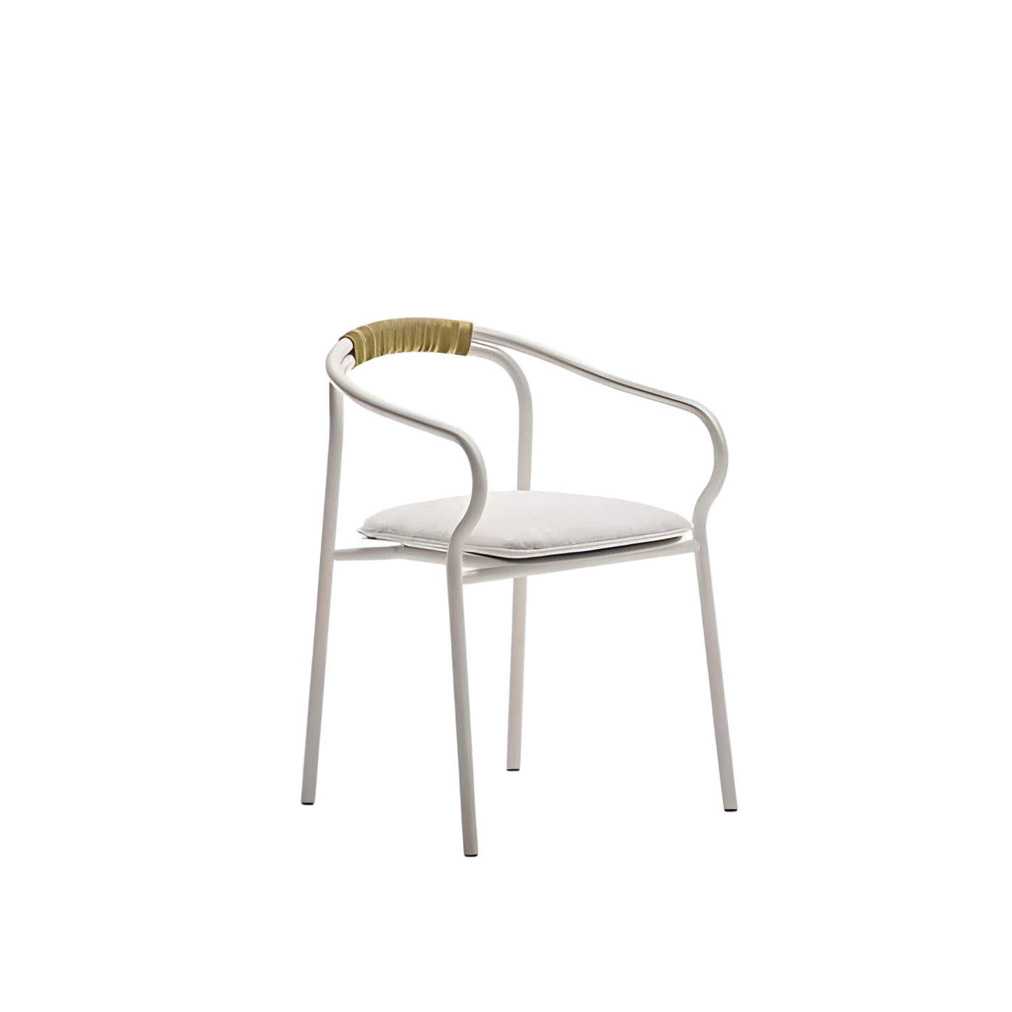 Modern chair with white cushion and gold armrests on a white background