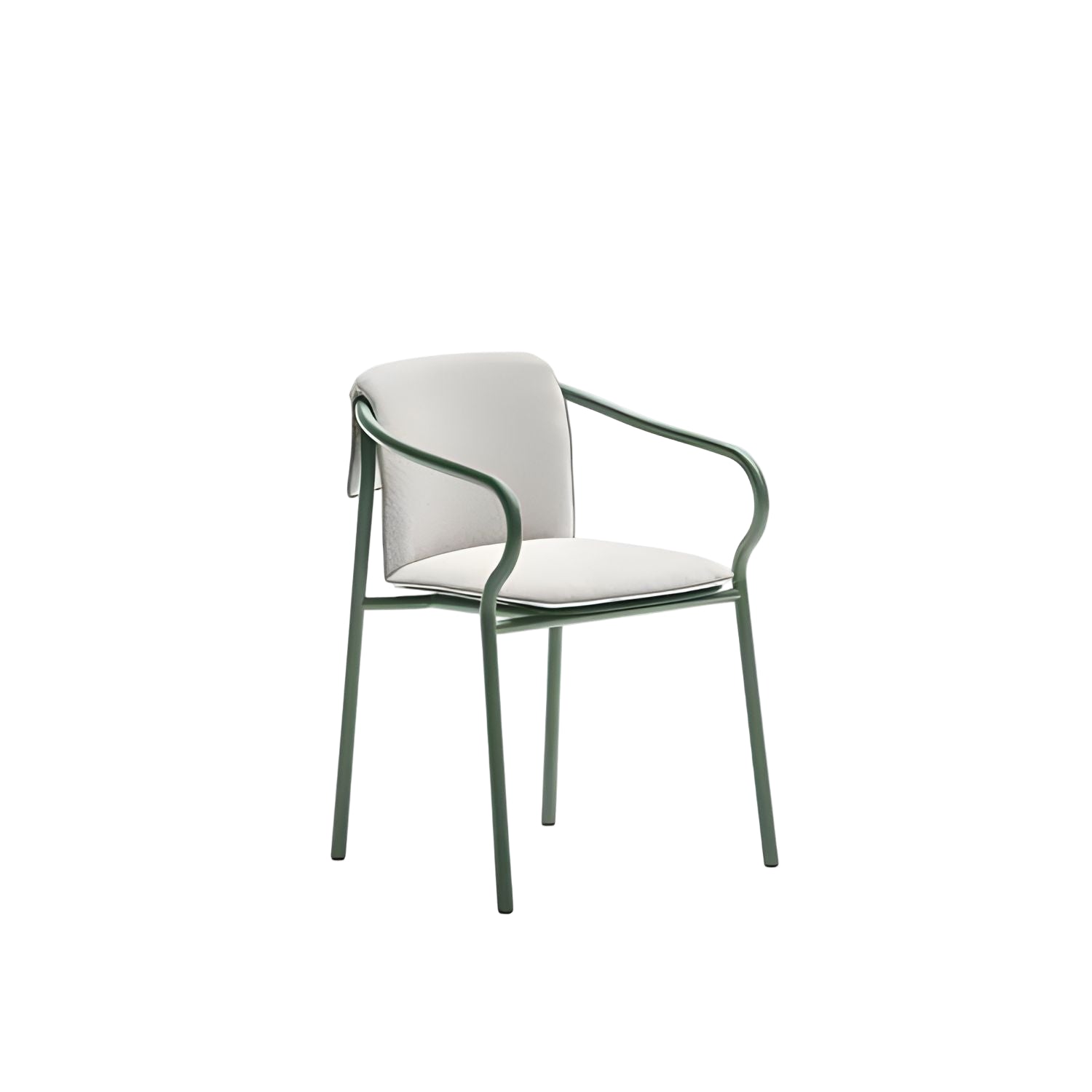 Modern chair with green frame and white cushion on a white background