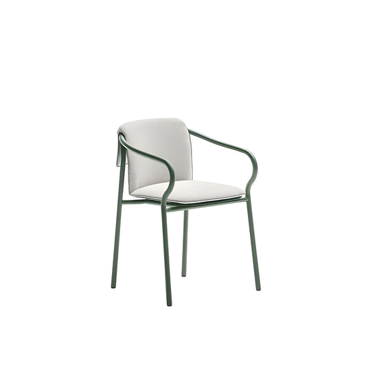 Modern chair with green frame and white cushion on a white background