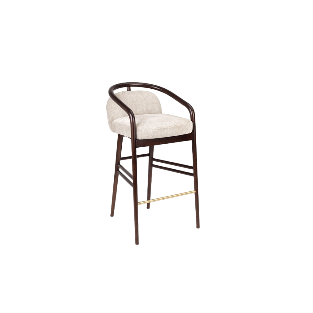 Bar stool with white cushioned seat and brown frame on a light gray background