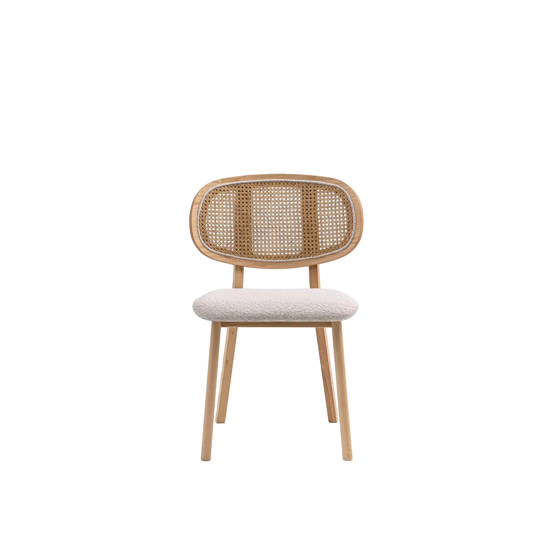Chair with wicker backrest and upholstered seat on a white background